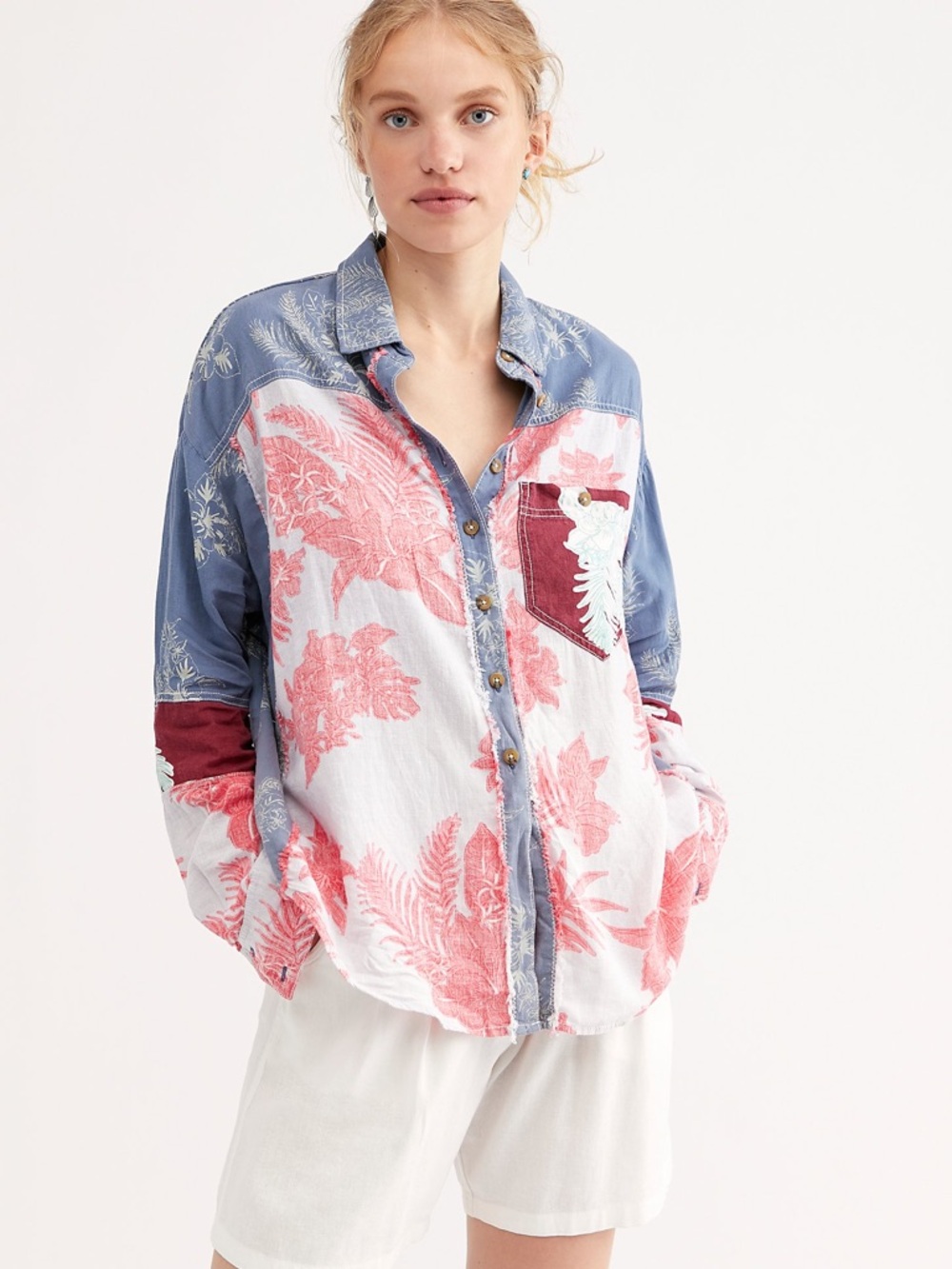 FREE PEOPLE Sz Large We The Free Chasing Waves Buttondown Shirt